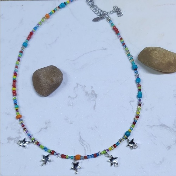 Multicoloured rainbow beaded star charm necklace chocker - Picture 2 of 4